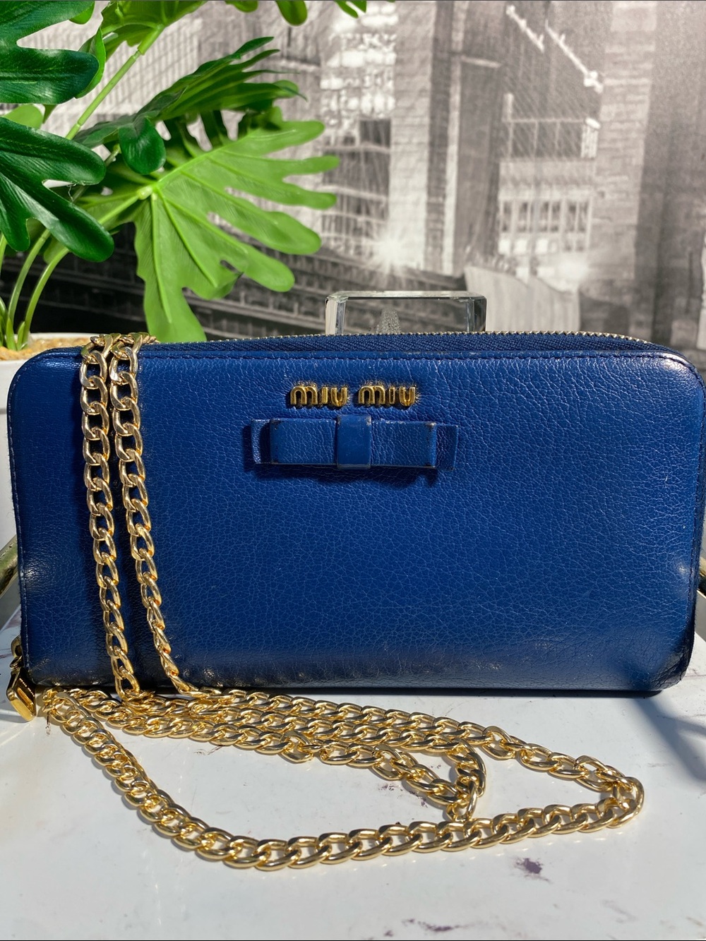 Authentic Miu Miu Royal Blue Leather Bow Long Wallet